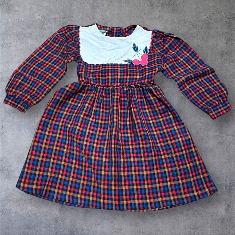 Vintage ady Girls Plaid Dress Cherry Embroidery Long Sleeve Prairie Size‎ 4 5